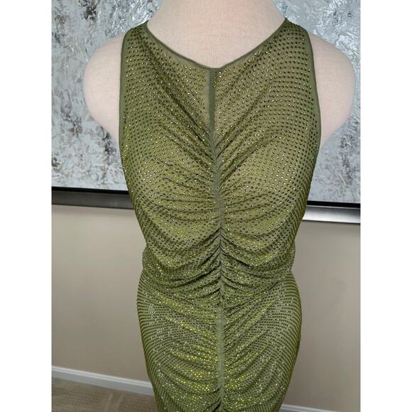 Retrofete Marsann Crystal Embellished Ruched Sheer Green Maxi Dress Size Large - Picture 7 of 11